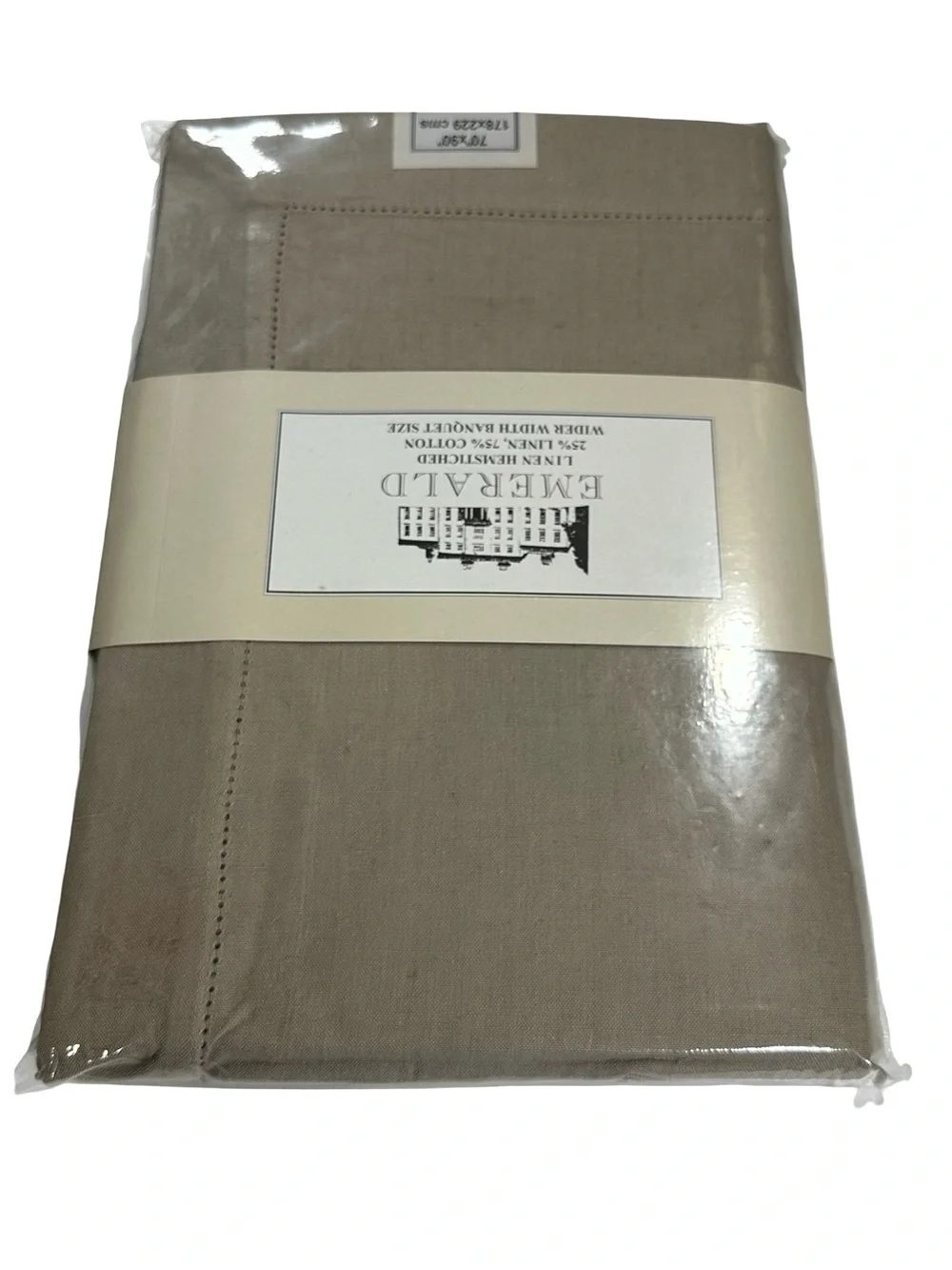 Emerald Linens Taupe Hemstitched Linen Cotton Tablecloth 70x90 Banquet Size NIP
